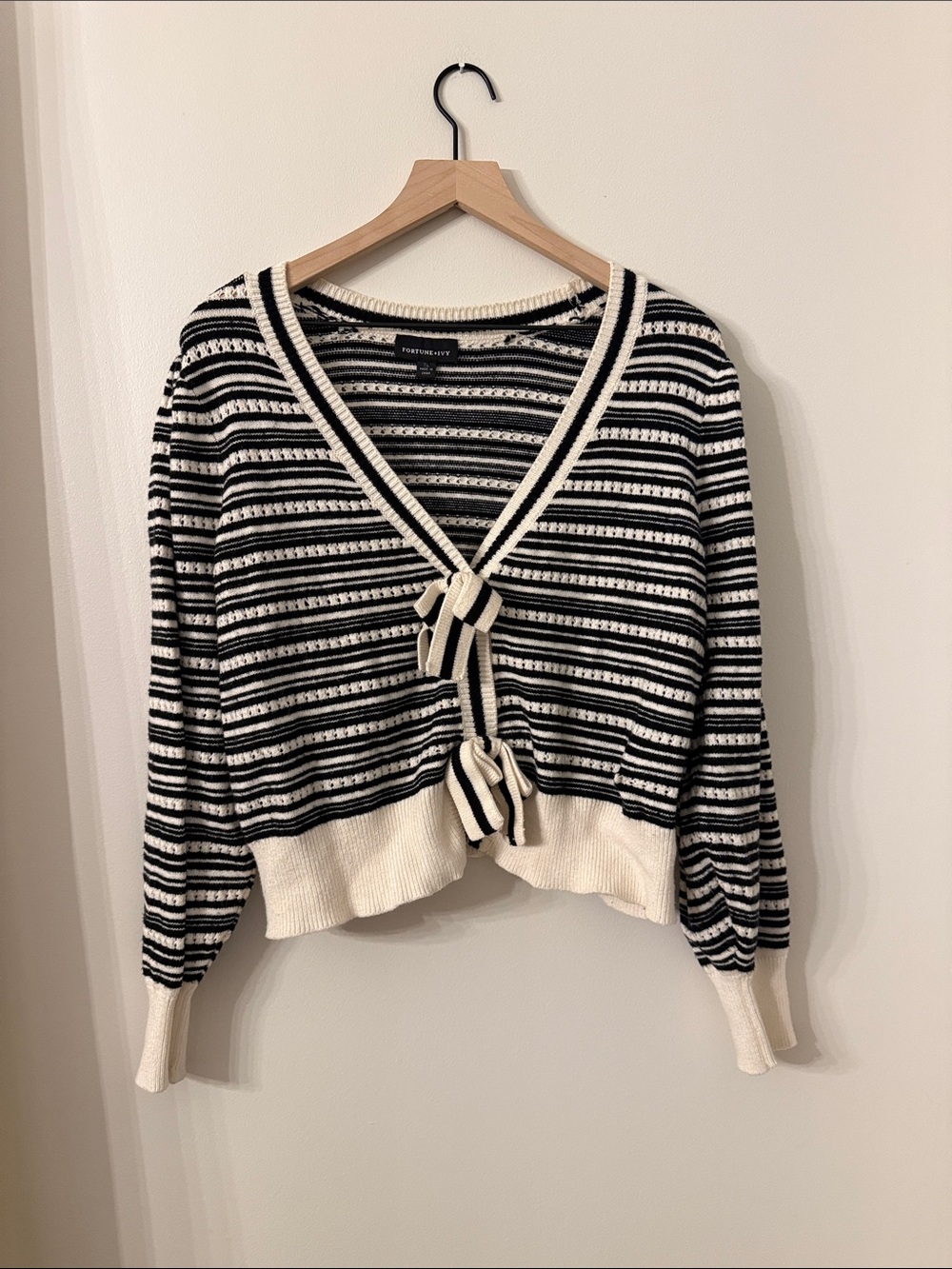 Tie-Front Striped V-Neck Cardigan in Black & Cream